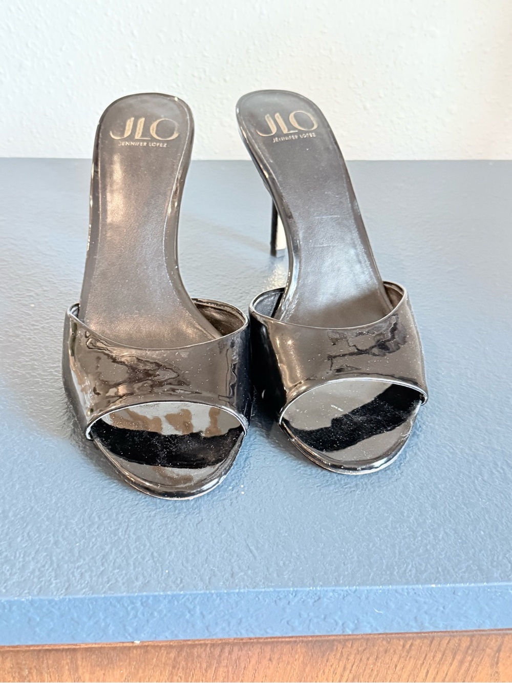 Jennifer Lopez Black Patent Open-Toe Slide Heels
